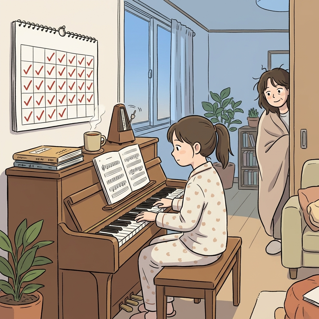 Her daily discipline of practicing piano at dawn slowly built a real talent.