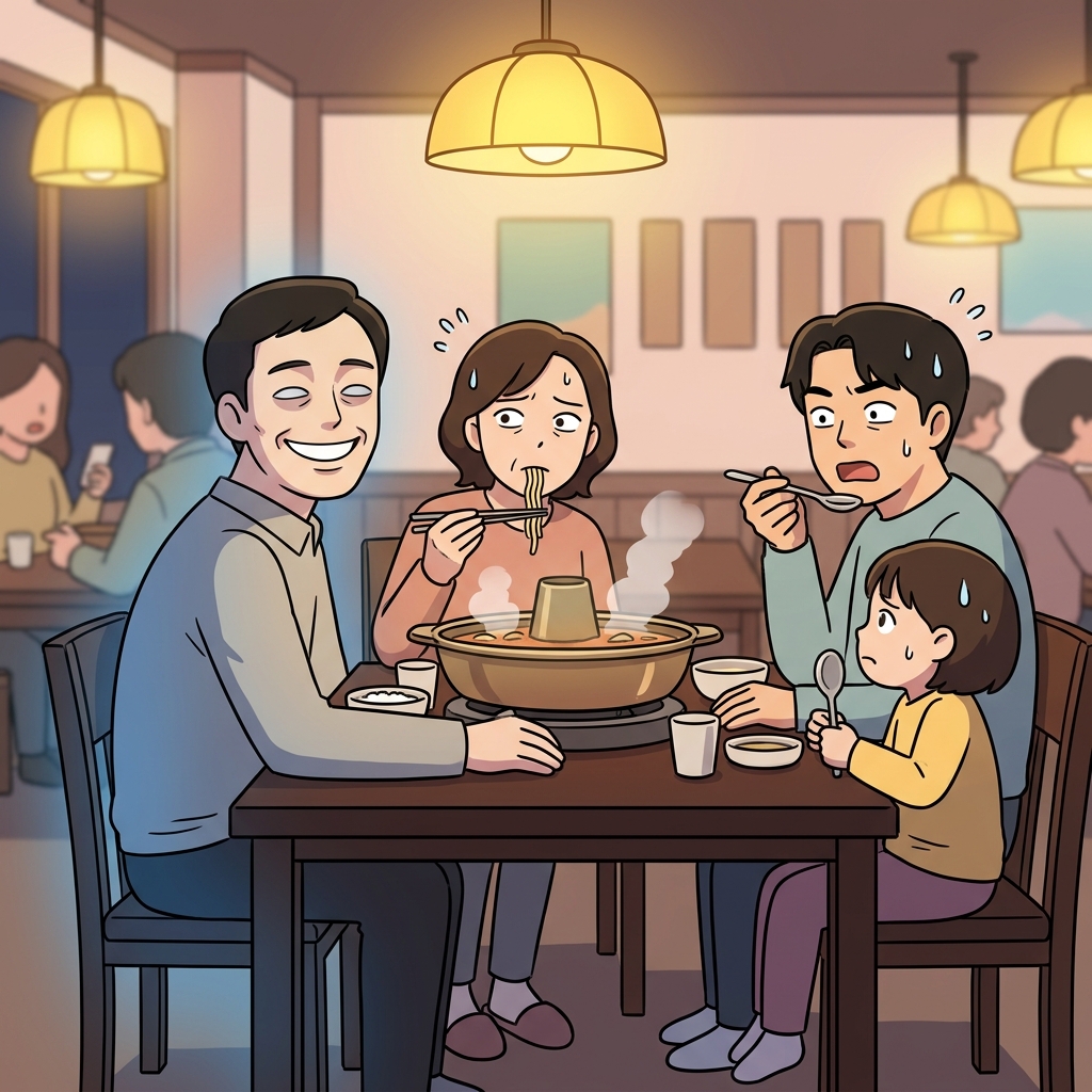 그의 묘하게 불편한 미소에 다들 먹다가 멈췄다.