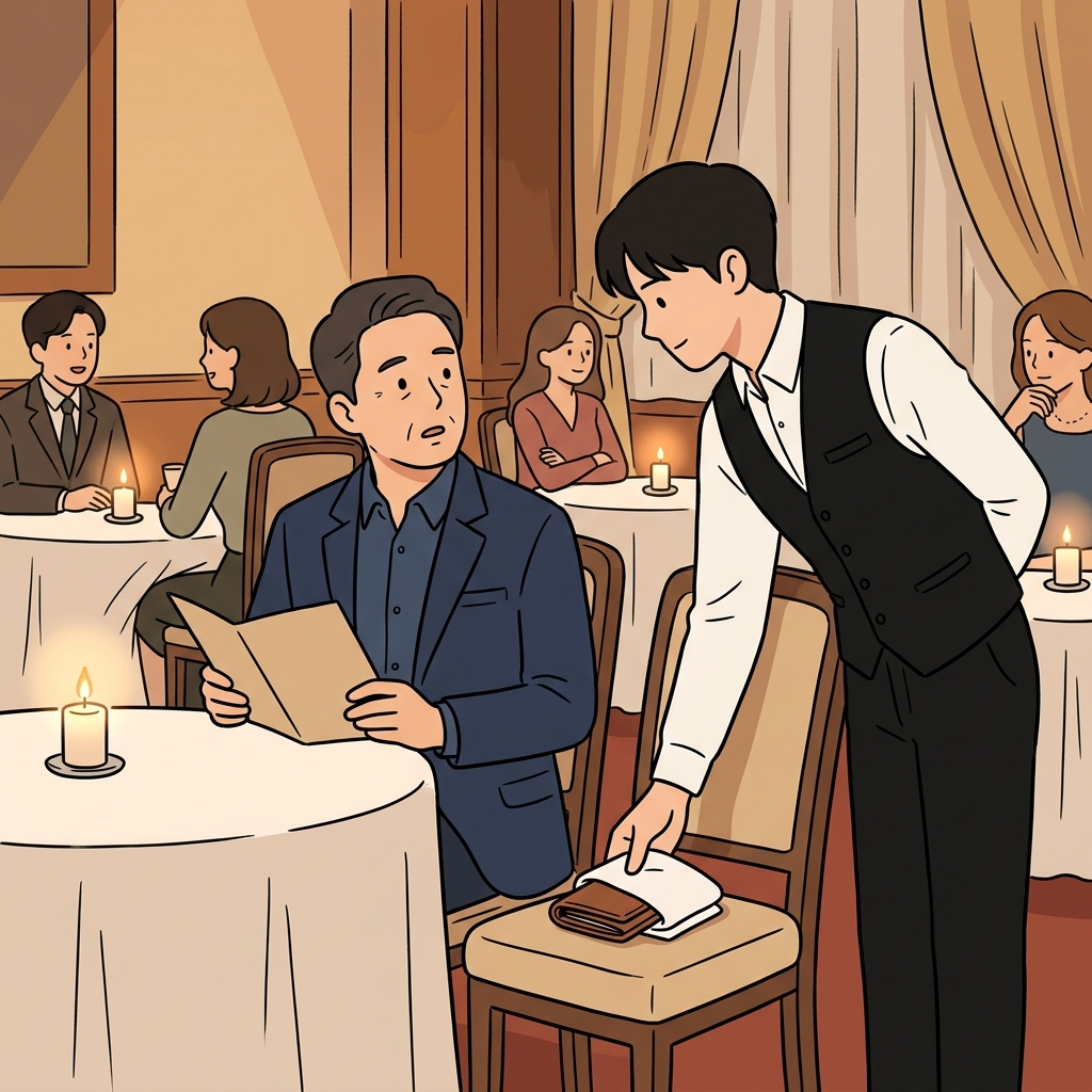 웨이터가 조용히 지갑을 돌려줬다, 아무도 눈치 못 채게.