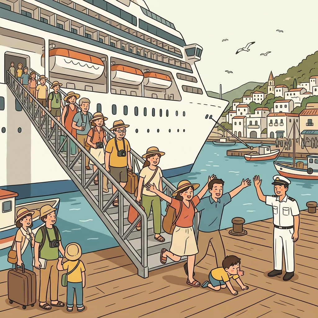 Passengers disembark from the cruise ship onto the sunny harbor dock.