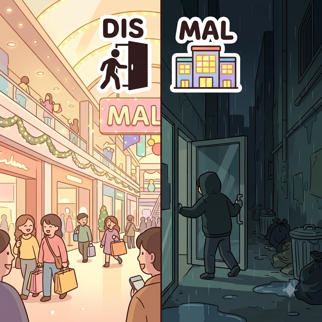 DIS(away) + MAL(mall) — stepping DIS(away) from the bright, colorful MAL(mall), the street outside looked dark and dismal.