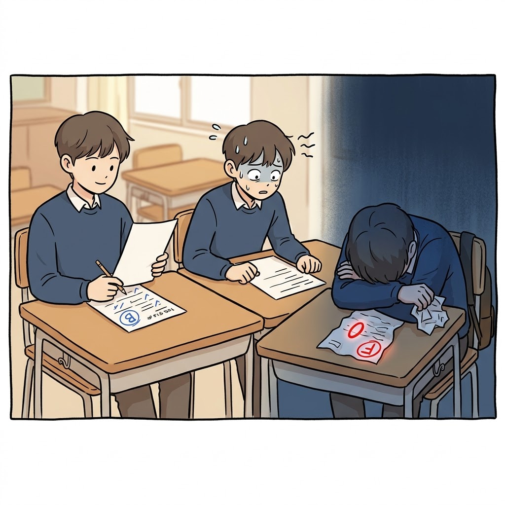 While his first test score was perfectly normal, his second score was a completely dismal failure.