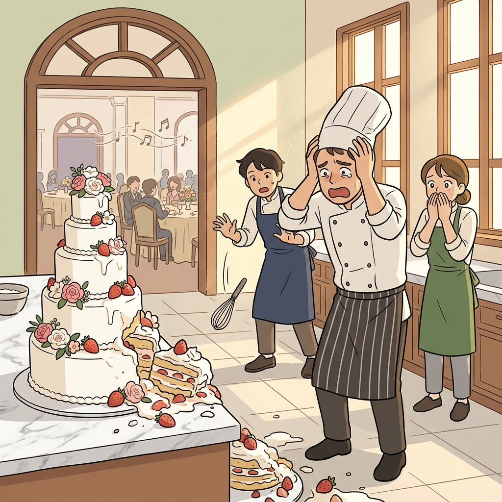 The chef stares in dismay at the collapsed wedding cake minutes before the ceremony.