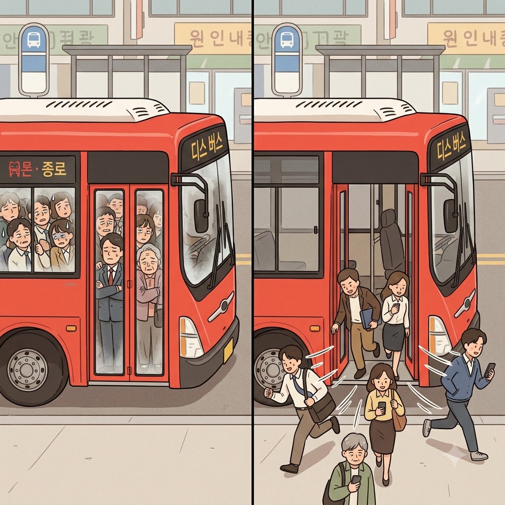 "이(디스/dis) 버스(perse)에서 다 내려요!" 문이 열리자, 꽉 차 있던 승객들은 도시 곳곳으로 빠르게 흩어졌다(disperse).