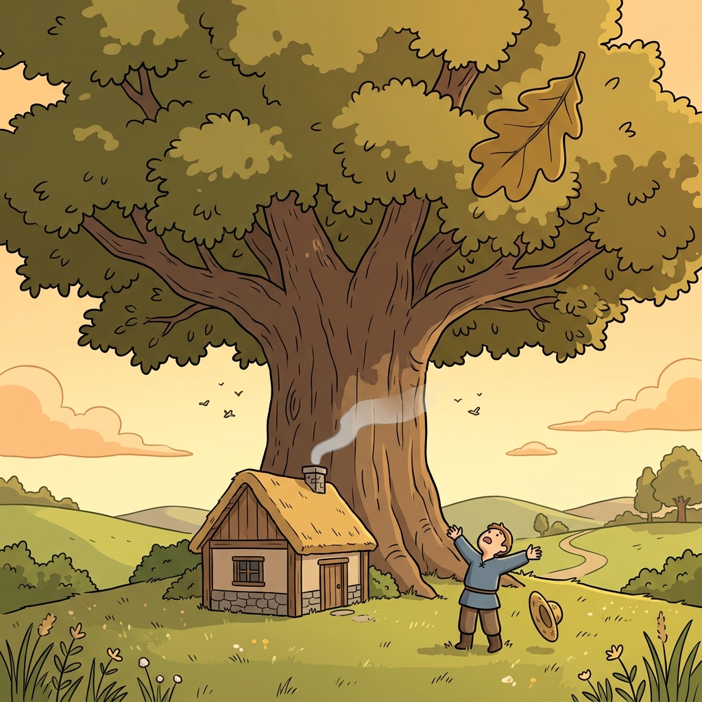 The tiny cottage sits under a disproportion of a giant oak tree towering over it.