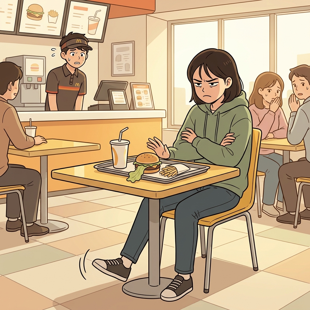차갑게 식은 햄버거를 보고 손님이 잔뜩 불만스러운 표정을 지었다.
