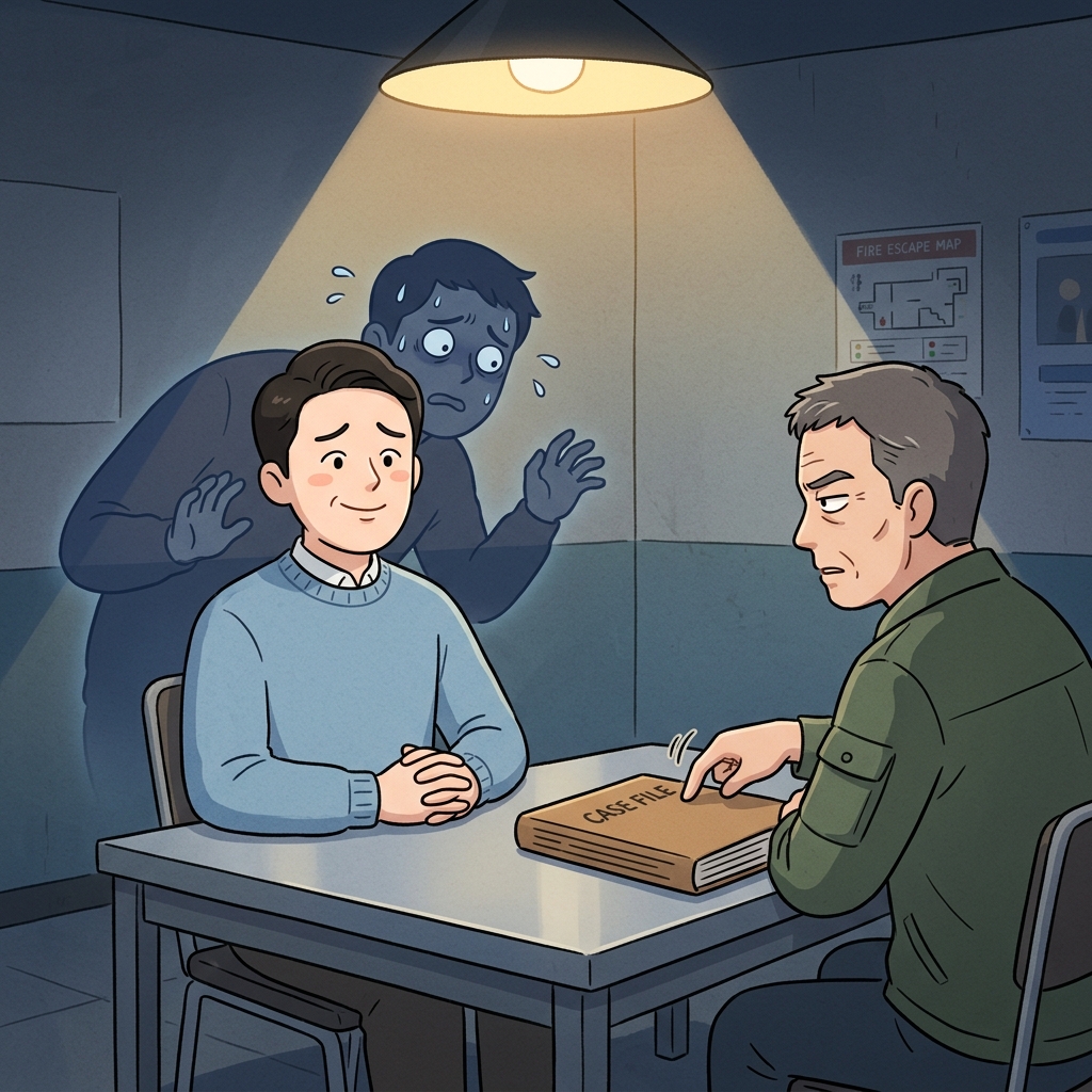 The suspect tries to dissemble, hiding his guilt behind a calm, innocent smile.
