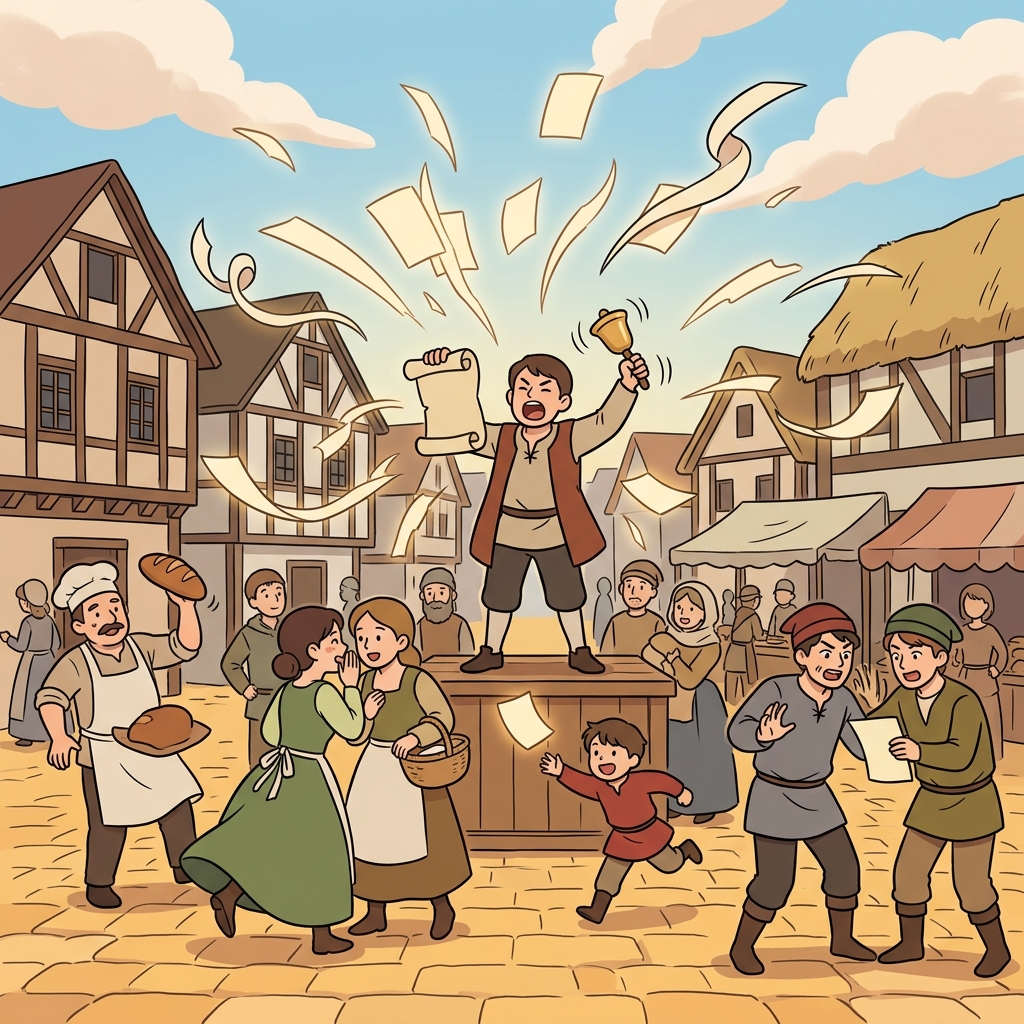 The dissemination of news spreads through the village square as the crier shouts.
