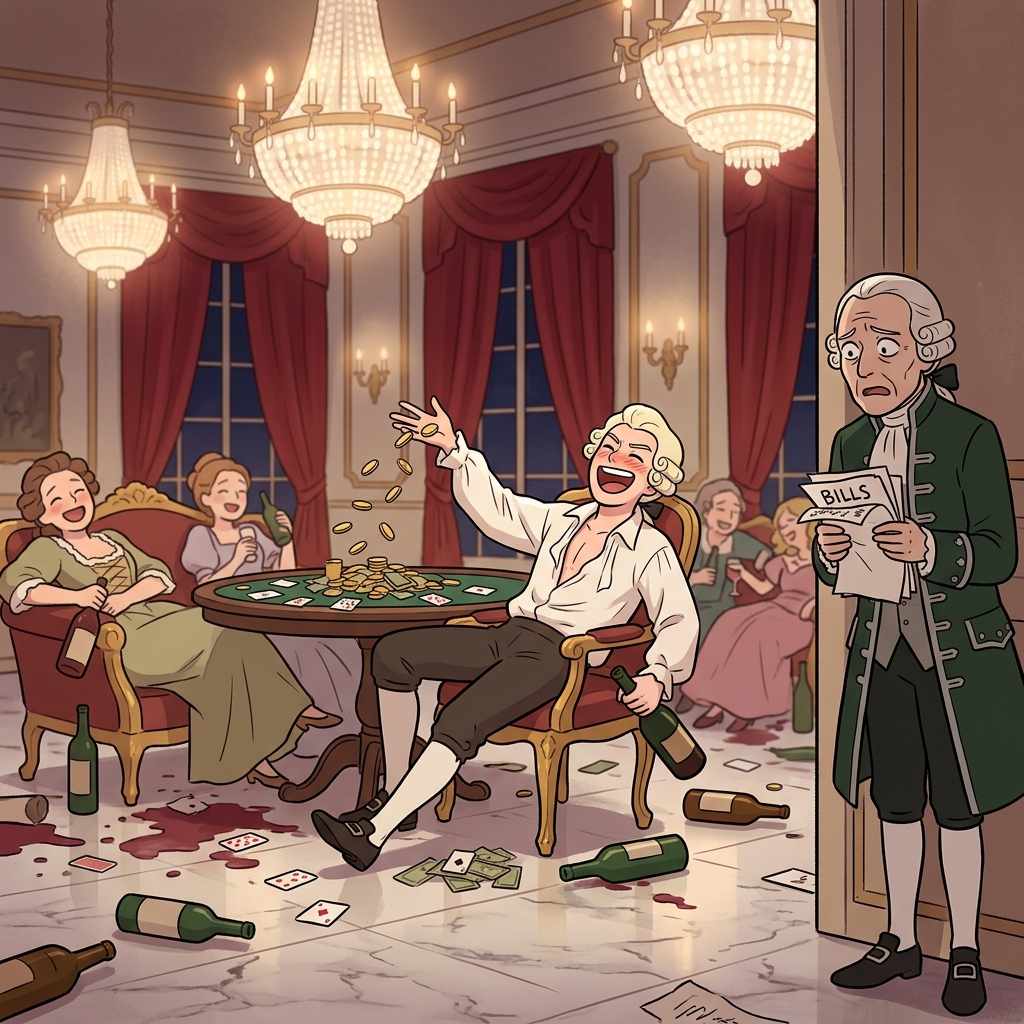 The dissolute heir squandered his fortune on wine, gambling, and endless parties.