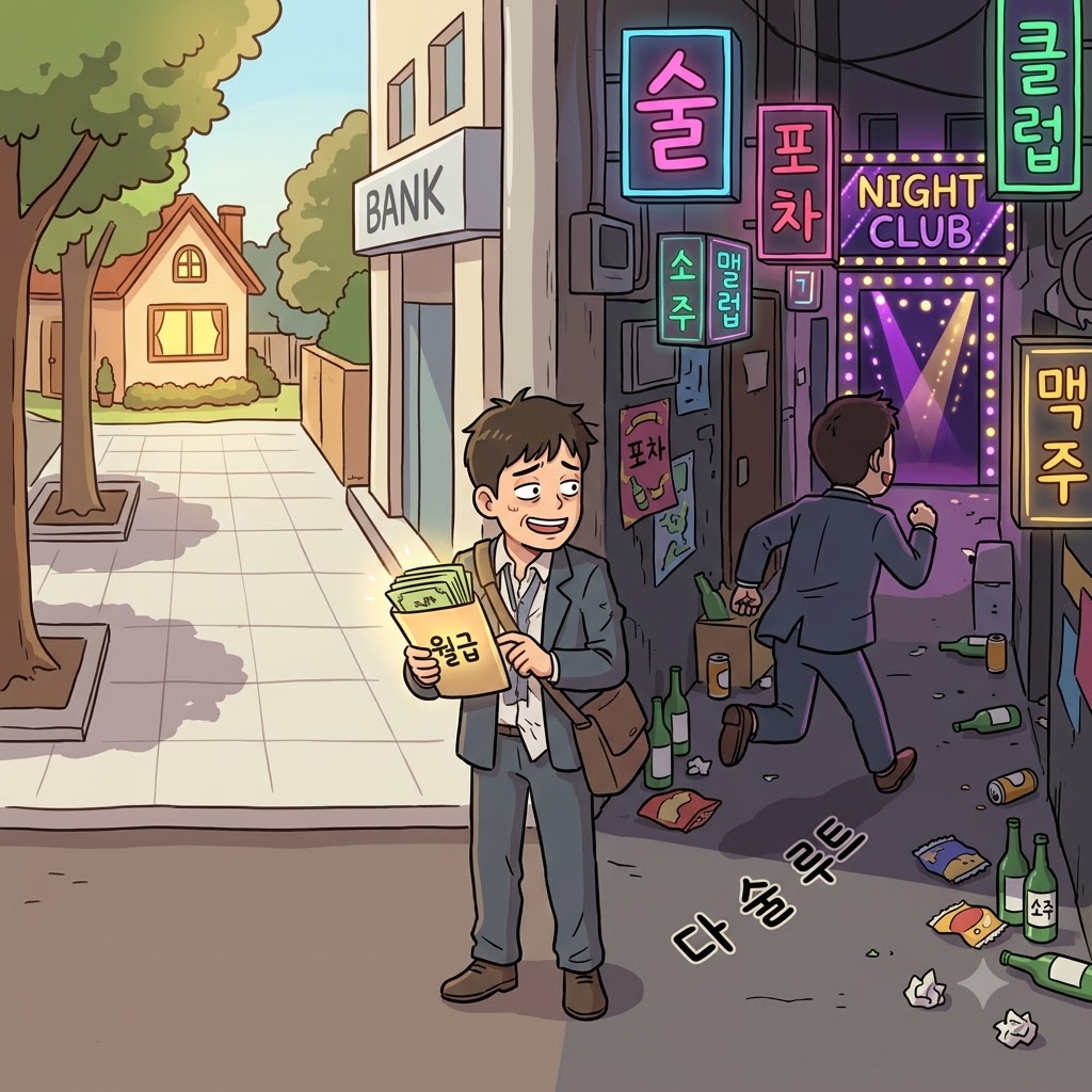 "월급을 다(dis) 술(sol) 루트(lute/경로)로 탕진하네!" 매일 밤 술집에서 돈을 낭비하며, 그는 완전히 방탕한(dissolute) 생활을 했다.