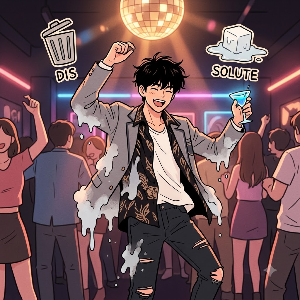 DIS(away) + SOLUTE(dissolve) — letting his strict discipline completely SOLUTE(dissolve) DIS(away) in the nightclub, he became entirely dissolute.