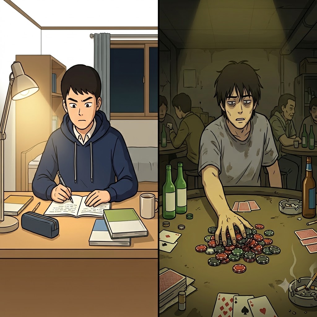 He used to be a highly resolute student, but the bad friends quickly turned him into a completely dissolute gambler.