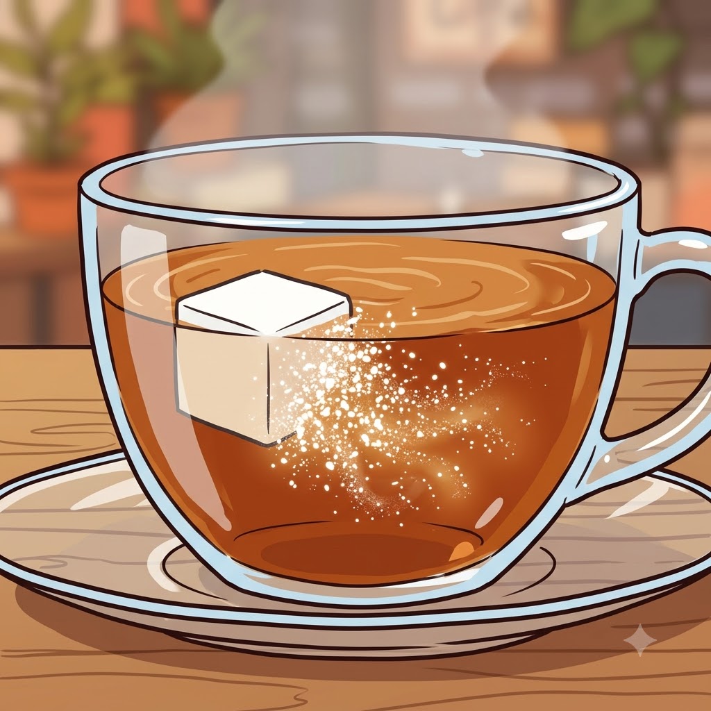 The hot tea caused the complete dissolution of the sugar cube.
