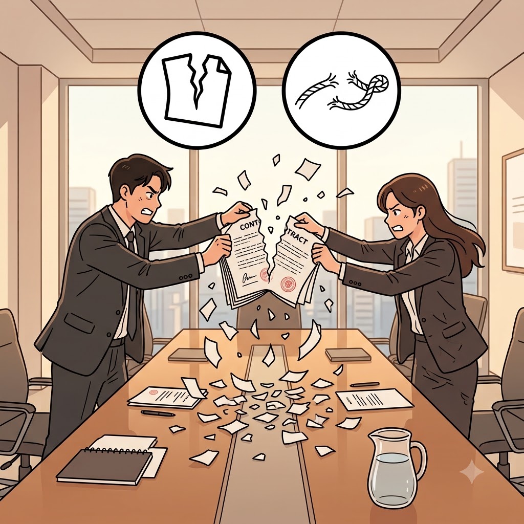 DIS(떨어져서) + SOLVE(풀다) — 갈등을 풀기(SOLVE) 위해 계약서를 산산조각 내어 흩뿌리며(DIS), 그들은 회사를 해산하기로(dissolve) 했다.