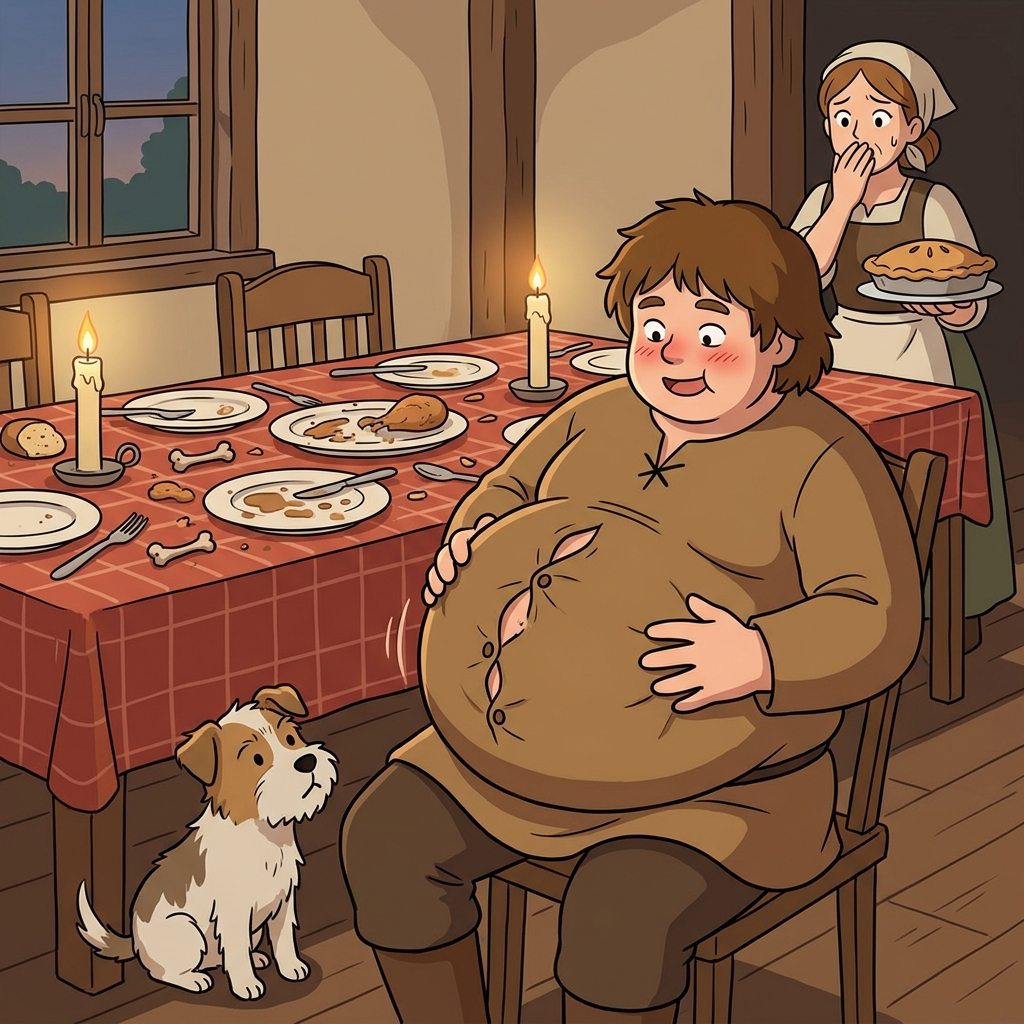 After the huge feast, his belly began to distend uncomfortably.
