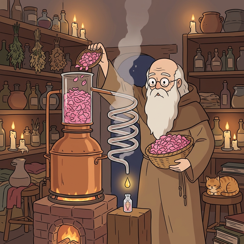The alchemist works patiently to distill pure essence from mountains of rose petals.