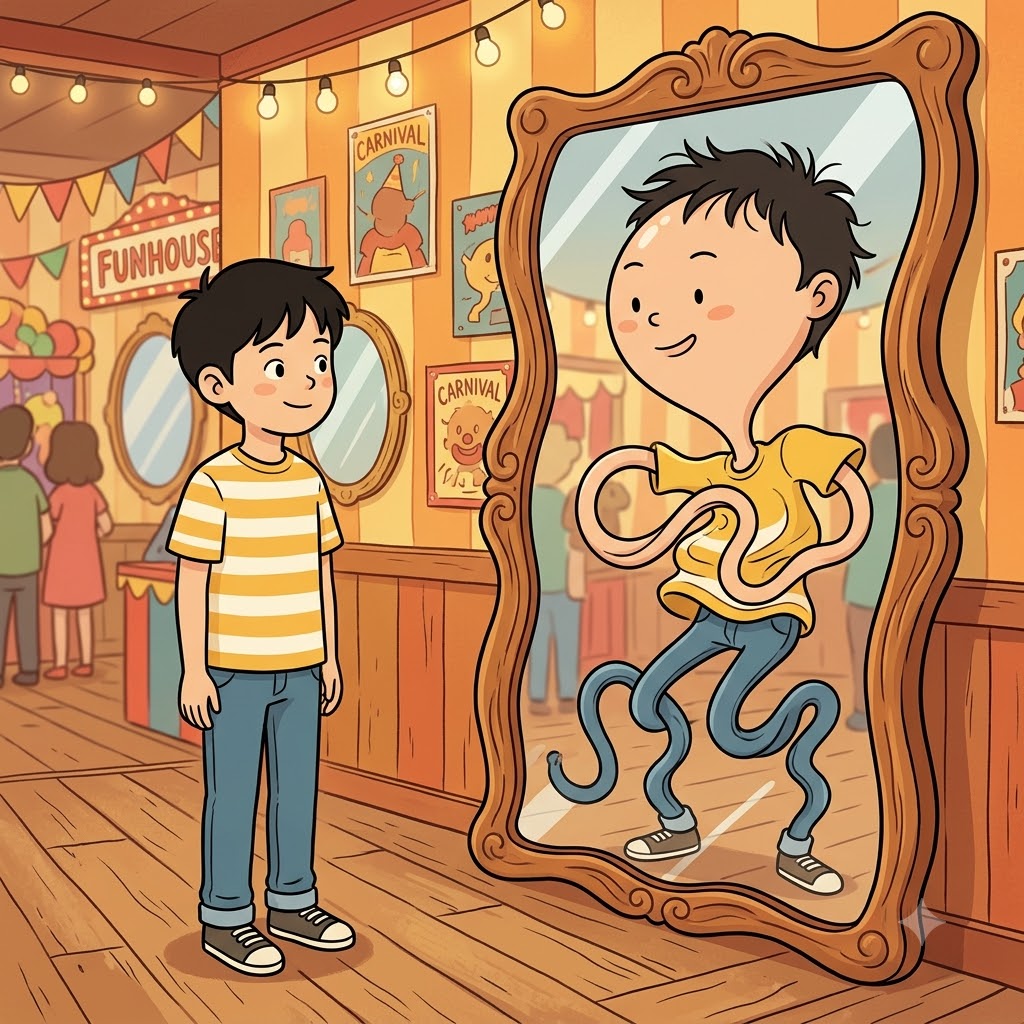 Looking into the funhouse mirror, the boy watched the glass completely distort his normal reflection.