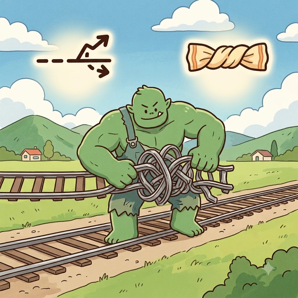 DIS(away) + TORT(twist) — the giant monster decided to TORT(twist) the straight train tracks DIS(away) from their path to severely distort the metal.