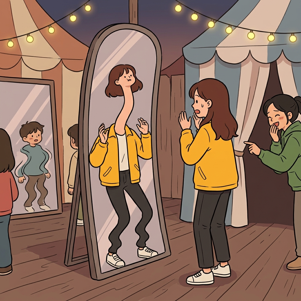 The funhouse mirror creates a wild distortion of her reflection.