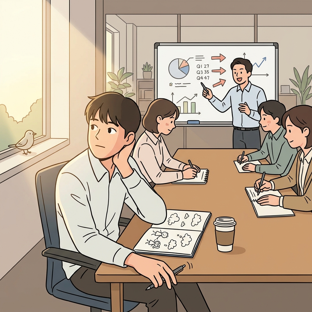 회의 중인데 창밖만 보고 있다. 완전히 정신이 딴 데 가 있다.