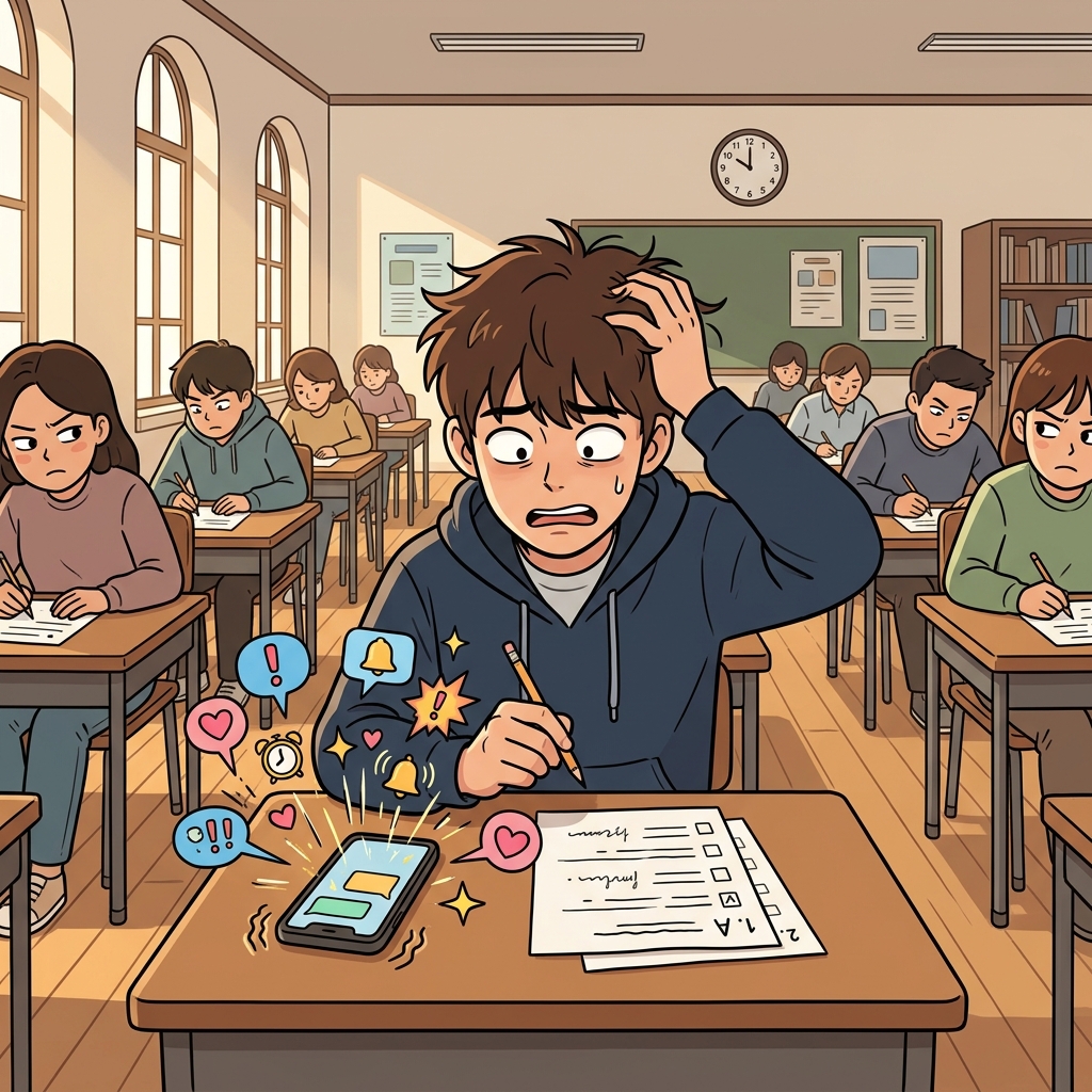 핸드폰이 계속 울려서 시험지에 집중할 수가 없었다.