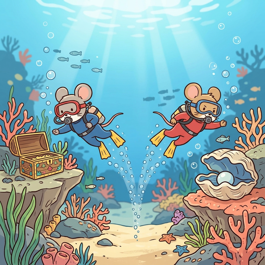 산호초에 도착하자, 두 마리의 다이버 쥐(diver-ge)는 보물을 찾기 위해 서로 다른 방향으로 갈라졌다(diverge).