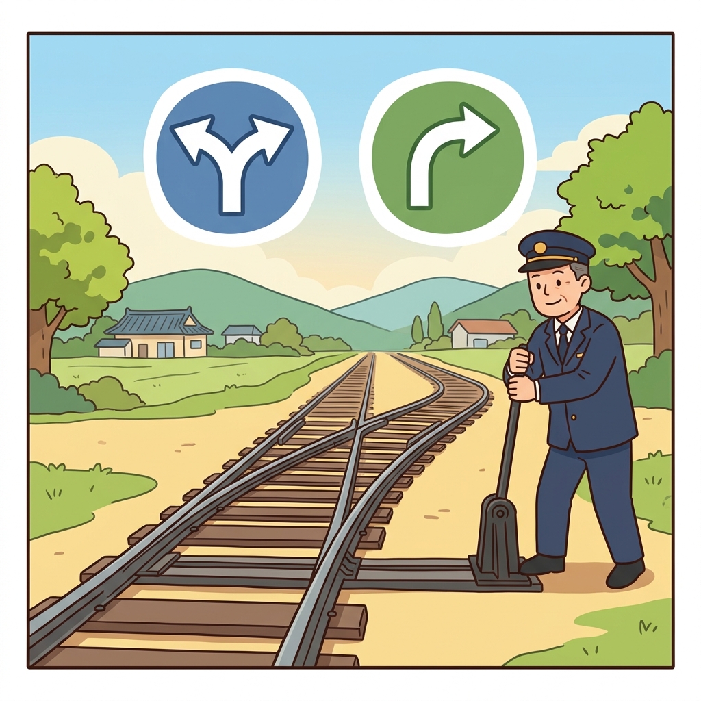 The conductor's lever created a divergence in the train tracks. (DI(apart) + VERGE(turn) — pulling the lever makes the straight train tracks diverge into two paths.)
