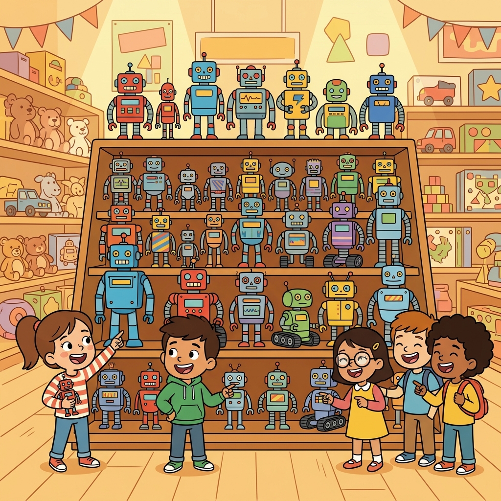 The toy store displayed diverse versions of the same robot.