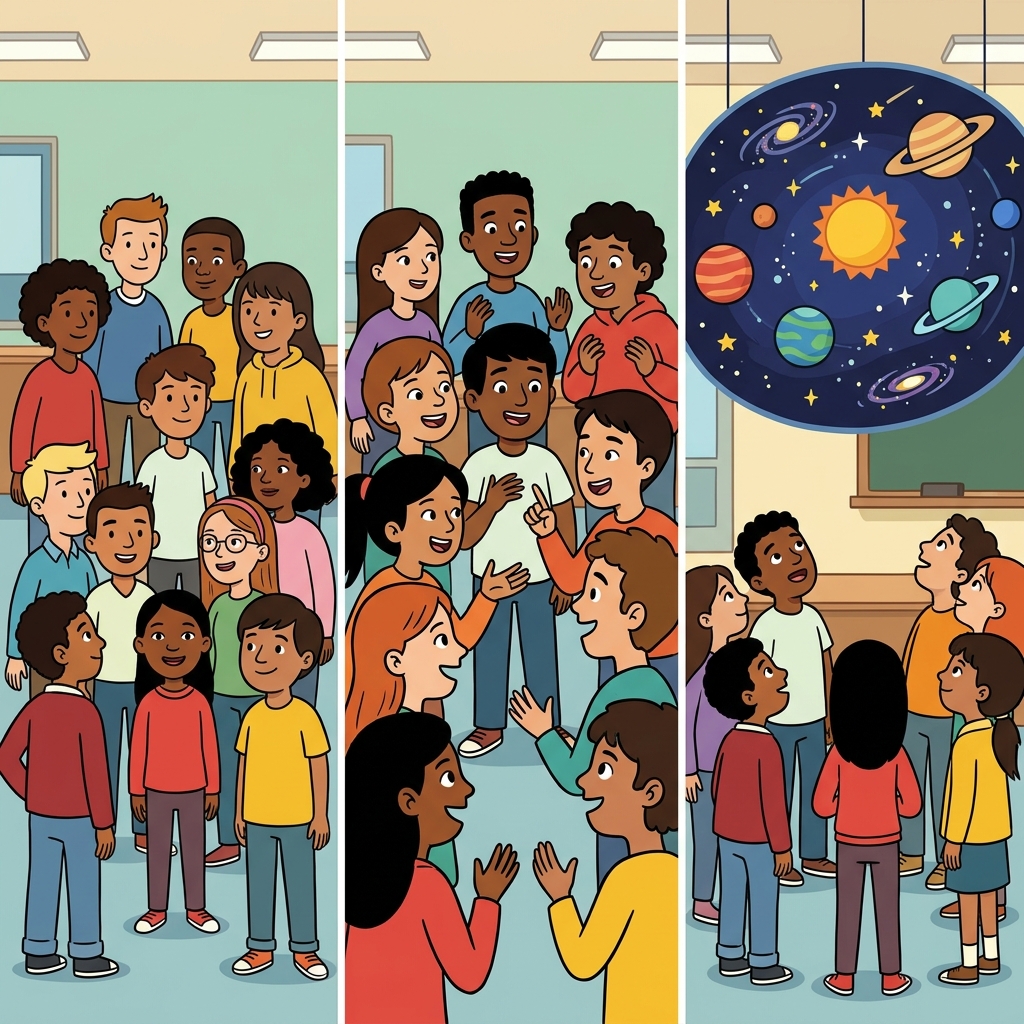 The diverse students conversed about the universe during science class.