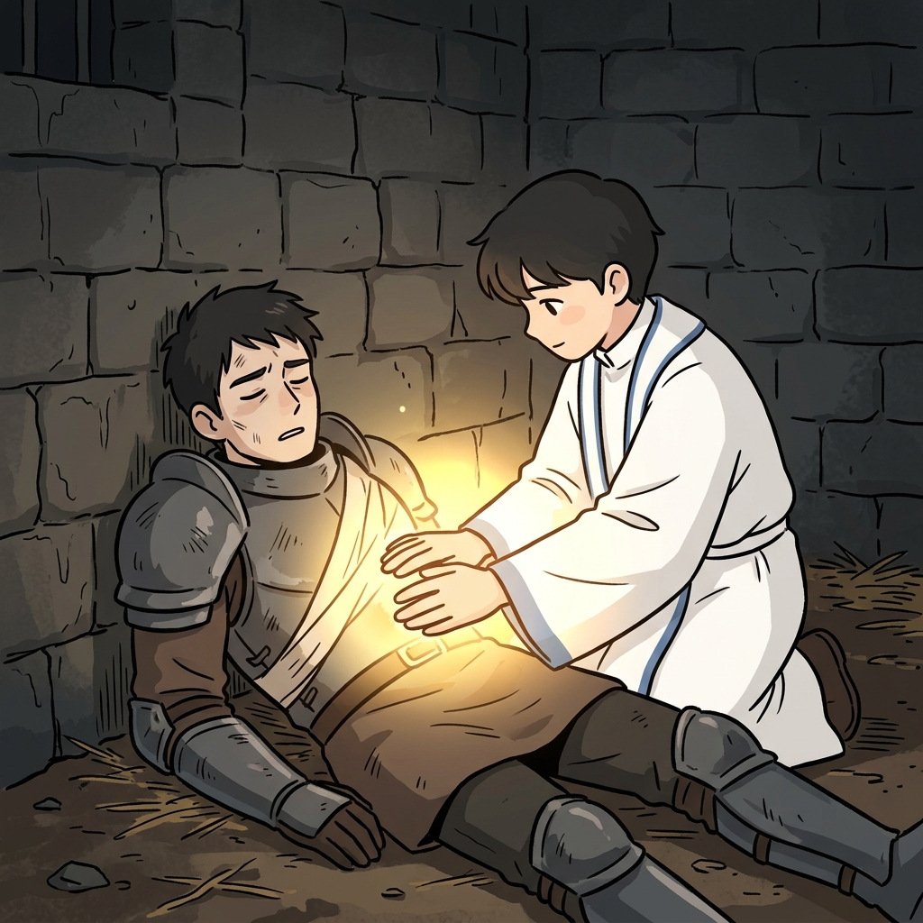 The priest laid his hands on the wound, healing it instantly with divine light.