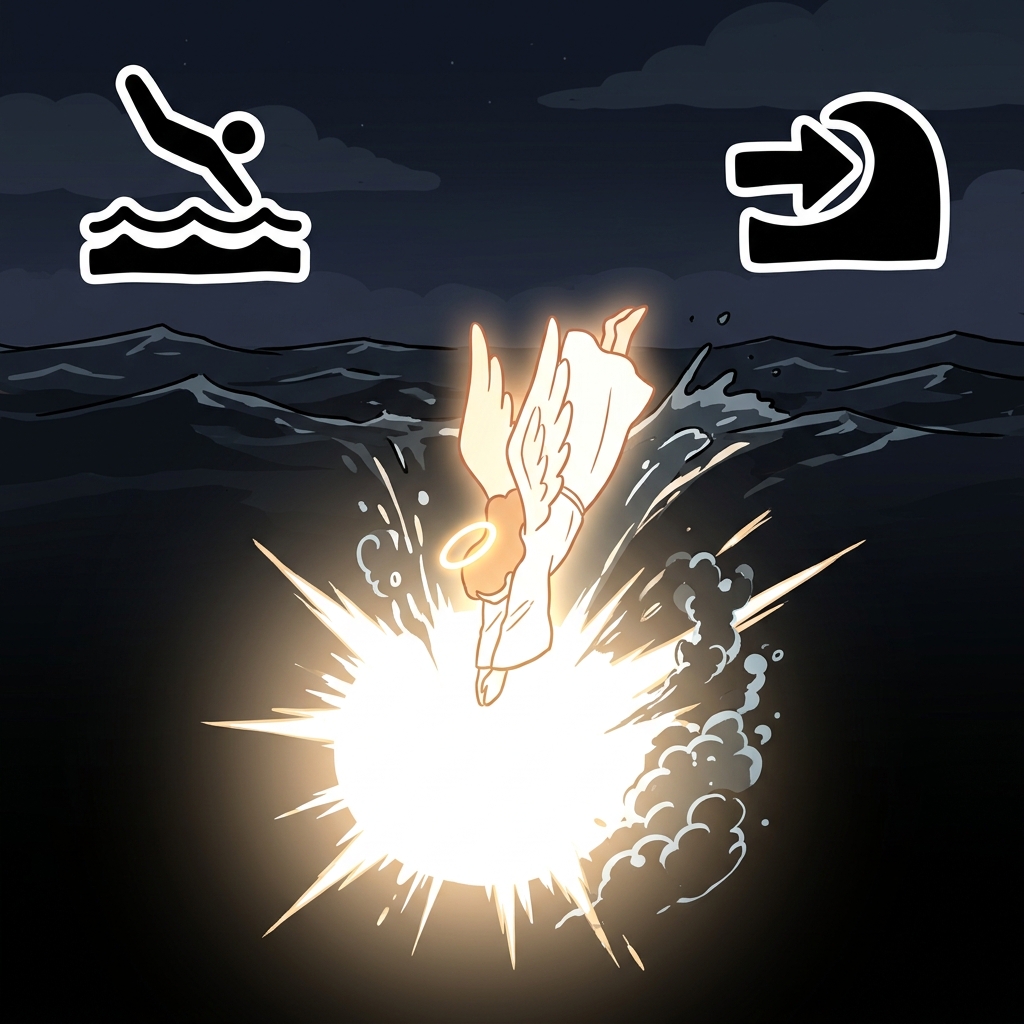 DIV(dive) + INE(in) — the angel dives in to the dark water, bringing a divine glow to the deep.