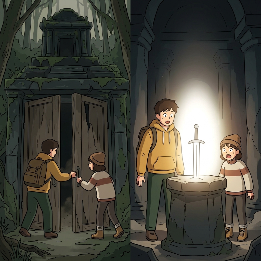 Inside the dusty old shrine, they found a sword glowing with divine light.