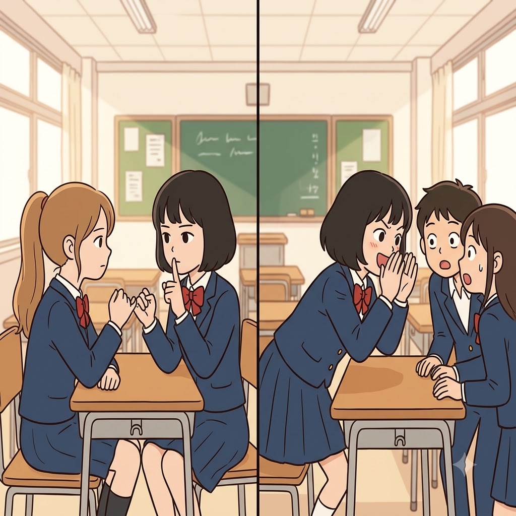Breaking her pinky promise immediately, the girl leaned across the desk to divulge the hidden secret to her friends.