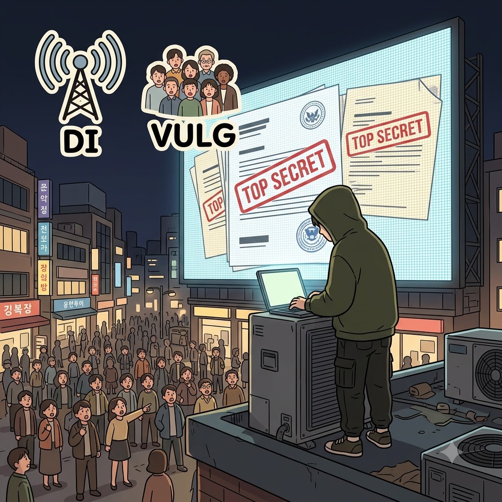 DI(widely) + VULG(public) — the masked hacker bypassed the firewall to widely(DI) expose the files to the public(VULG), managing to fully divulge the government's lie.