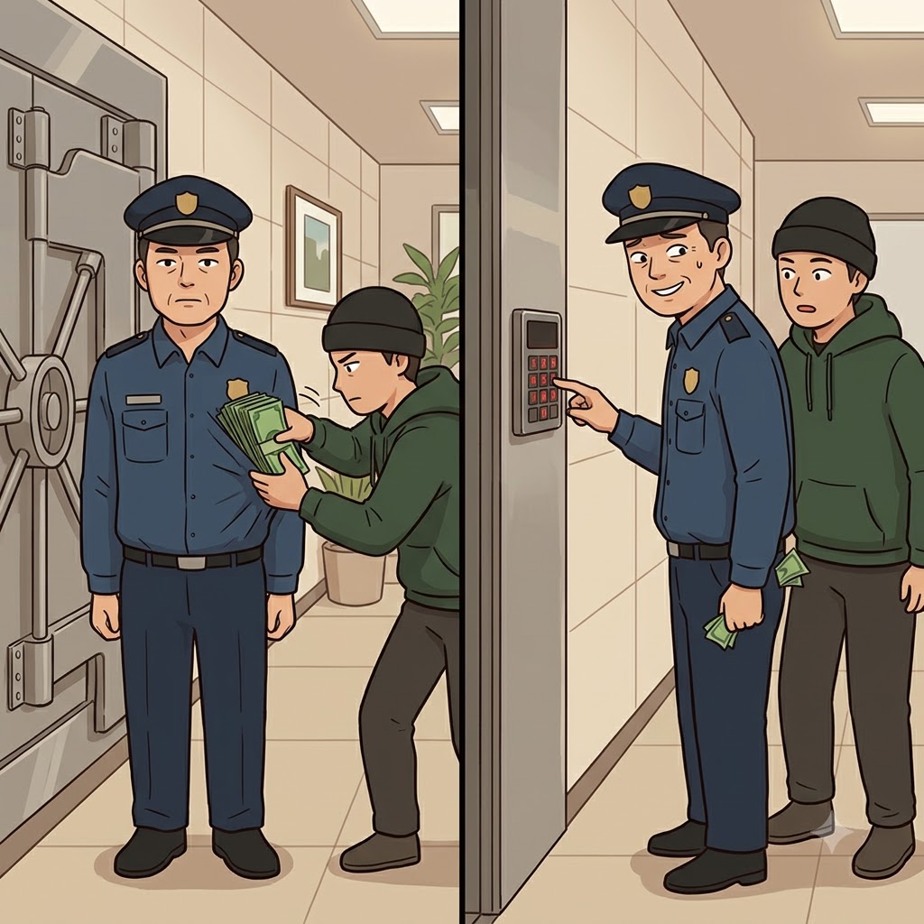 Seeing his front pocket visibly bulge with heavy bribe money, the greedy guard decided to divulge the vault's secret password.
