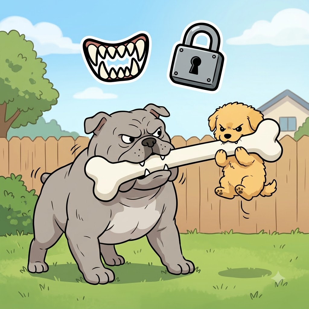 DOG(개) + GED(상태) — 고집 센 개(DOG)처럼 거대한 뼈다귀를 꽉 문 채, 아주 작은 강아지는 완벽하게 끈덕진(dogged) 집념을 보여주었다.