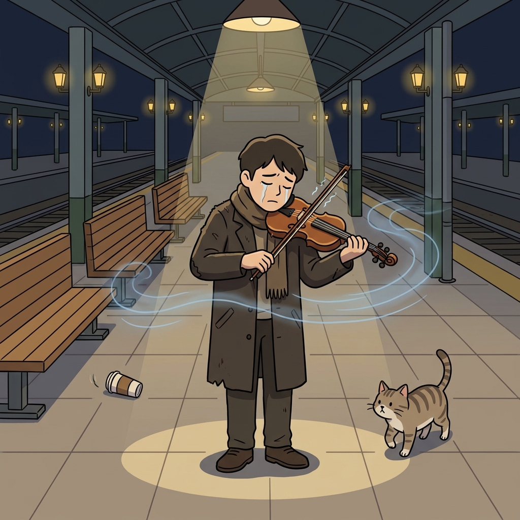 The doleful violinist plays alone in the empty train station at midnight.