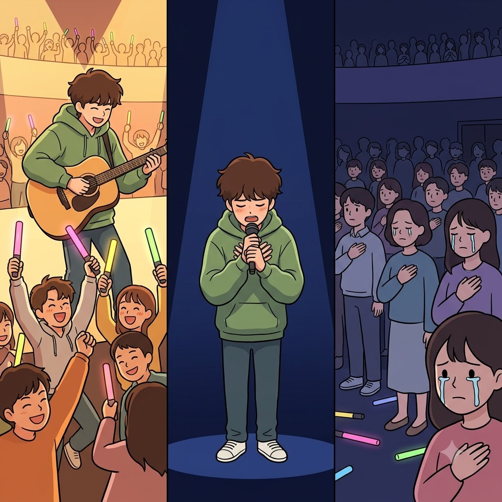 Singing a deeply soulful melody, the musician brought the entire audience to tears with his doleful voice.