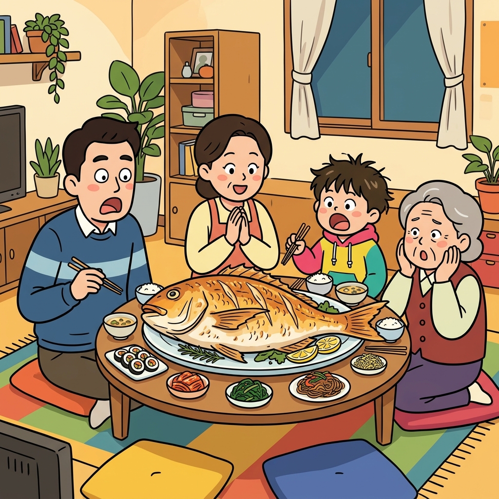 커다란 도미 요리의 압도적인 존재감 때문에 다른 음식들은 아주 작아 보였다. ("도미넌스! 도미가 식탁을 장악한 상태!")