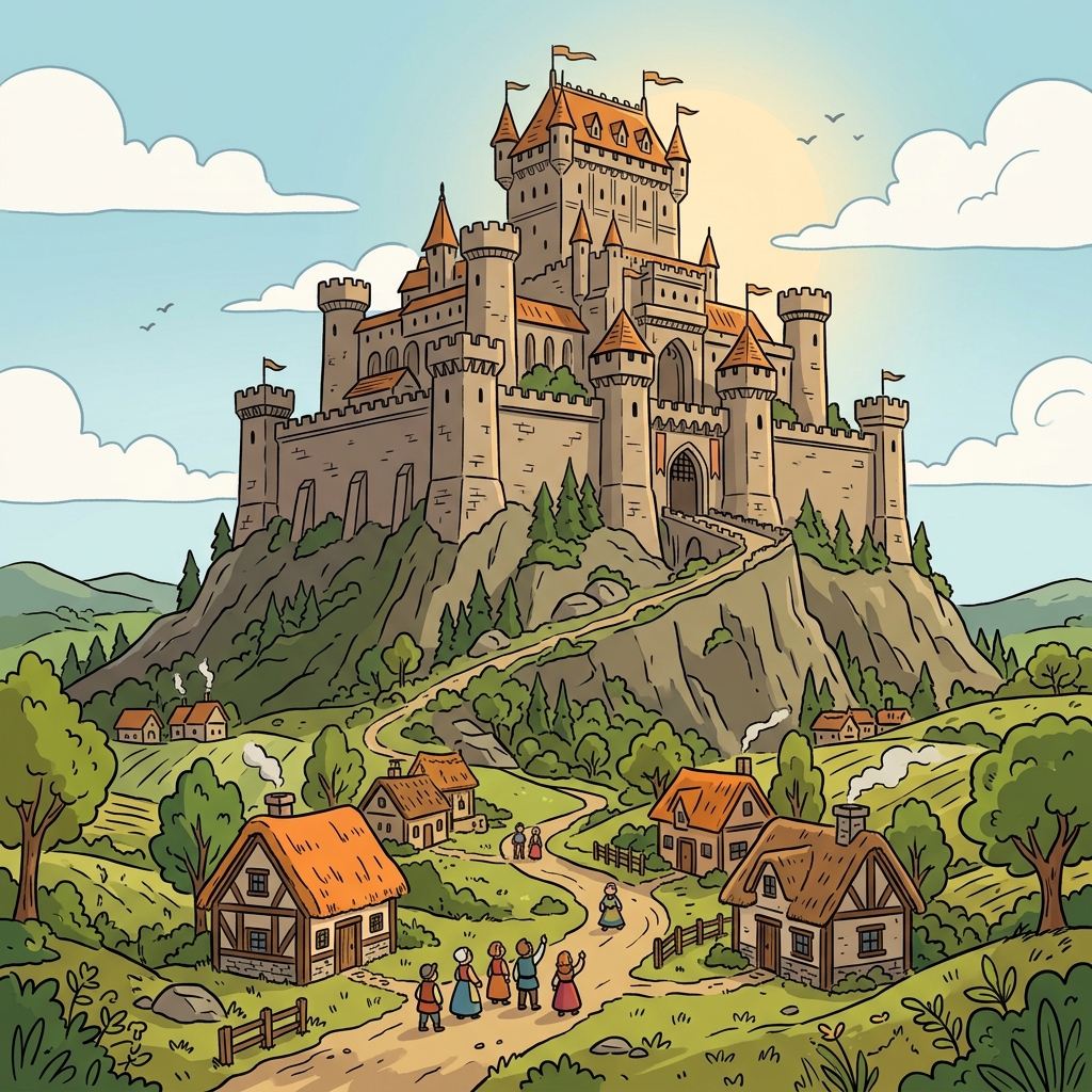 The tall castle was dominant over the small village below.