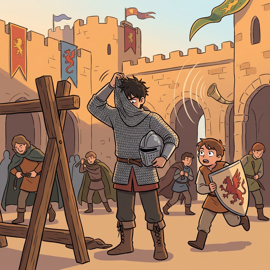 The knight quickly dons his armor as the war horn sounds.