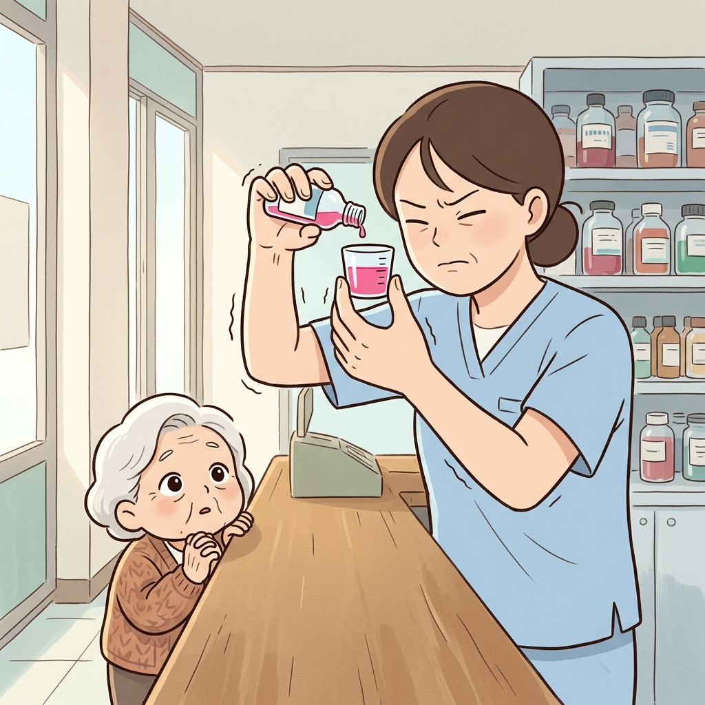 간호사가 약을 주기 전에 정확한 복용량을 신중히 재고 있다.