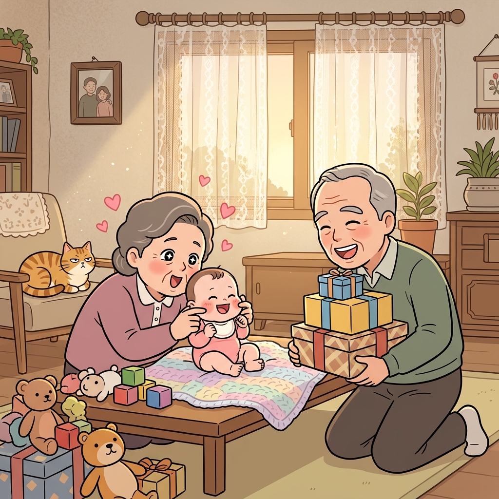 Grandparents dote on the newborn, spoiling her with endless kisses and gifts.