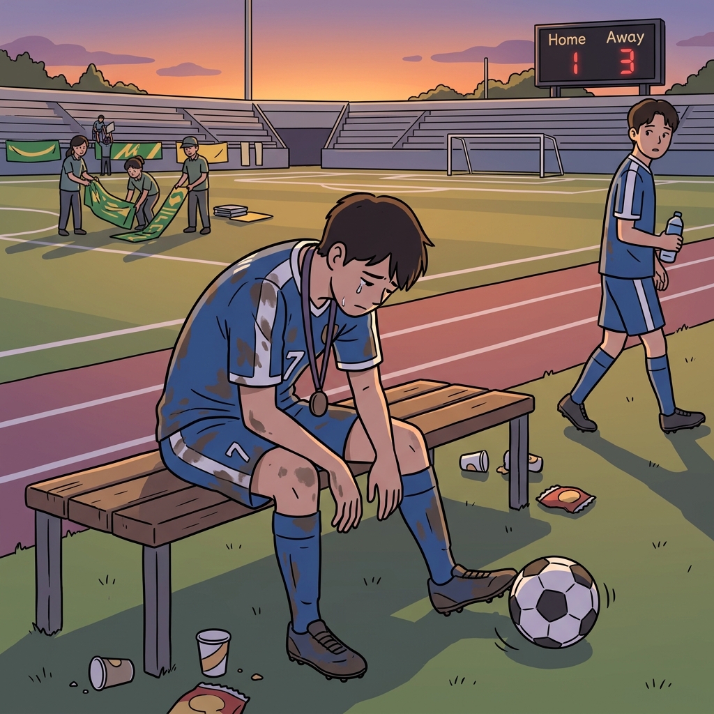 After losing the final match, the young player sat downhearted on the empty bench.