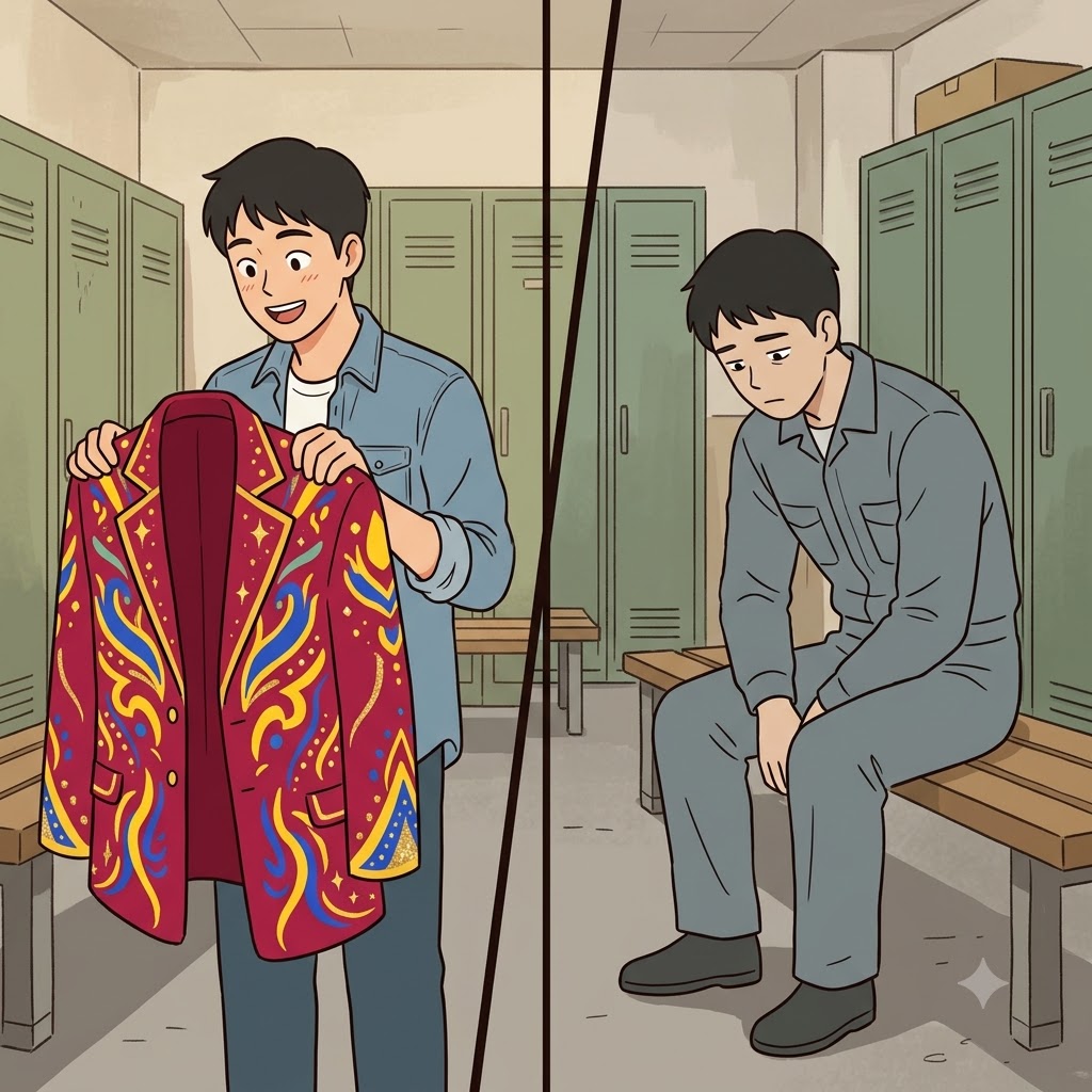 화려한 파티 재킷을 벗고, 일꾼은 완전히 칙칙한(drab) 회색 유니폼을 입었다.