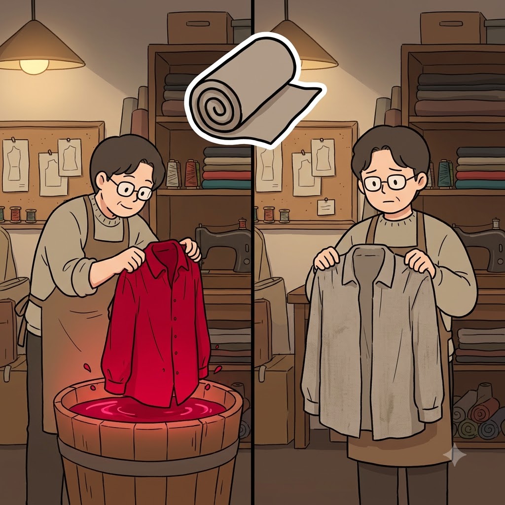 DRAP(옷감) — 옷감(DRAP)에 밝은 염료를 사용하기를 거부하며, 재단사는 완전히 칙칙하고(drab) 특징 없는 셔츠를 만들었다.