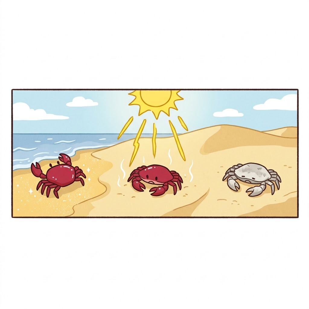 뜨거운 태양 아래서 밝은 붉은색을 모두 잃고, 죽은 게(crab)는 완전히 바싹 마르고 칙칙하게(drab) 변했다.