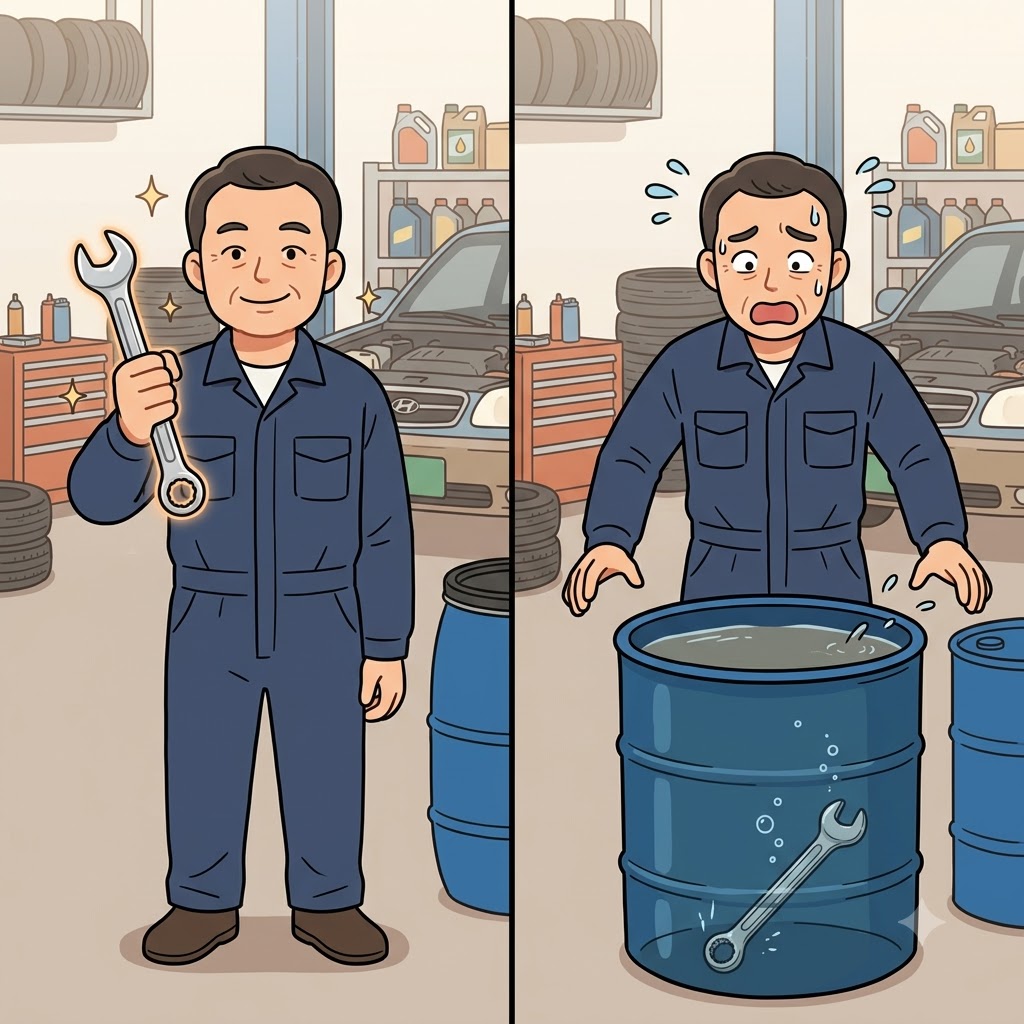 "드(deu)럼통에 렌치(rench)를!" 물통에 도구를 빠뜨려, 정비사는 렌치를 흠뻑 적셨다(drench).