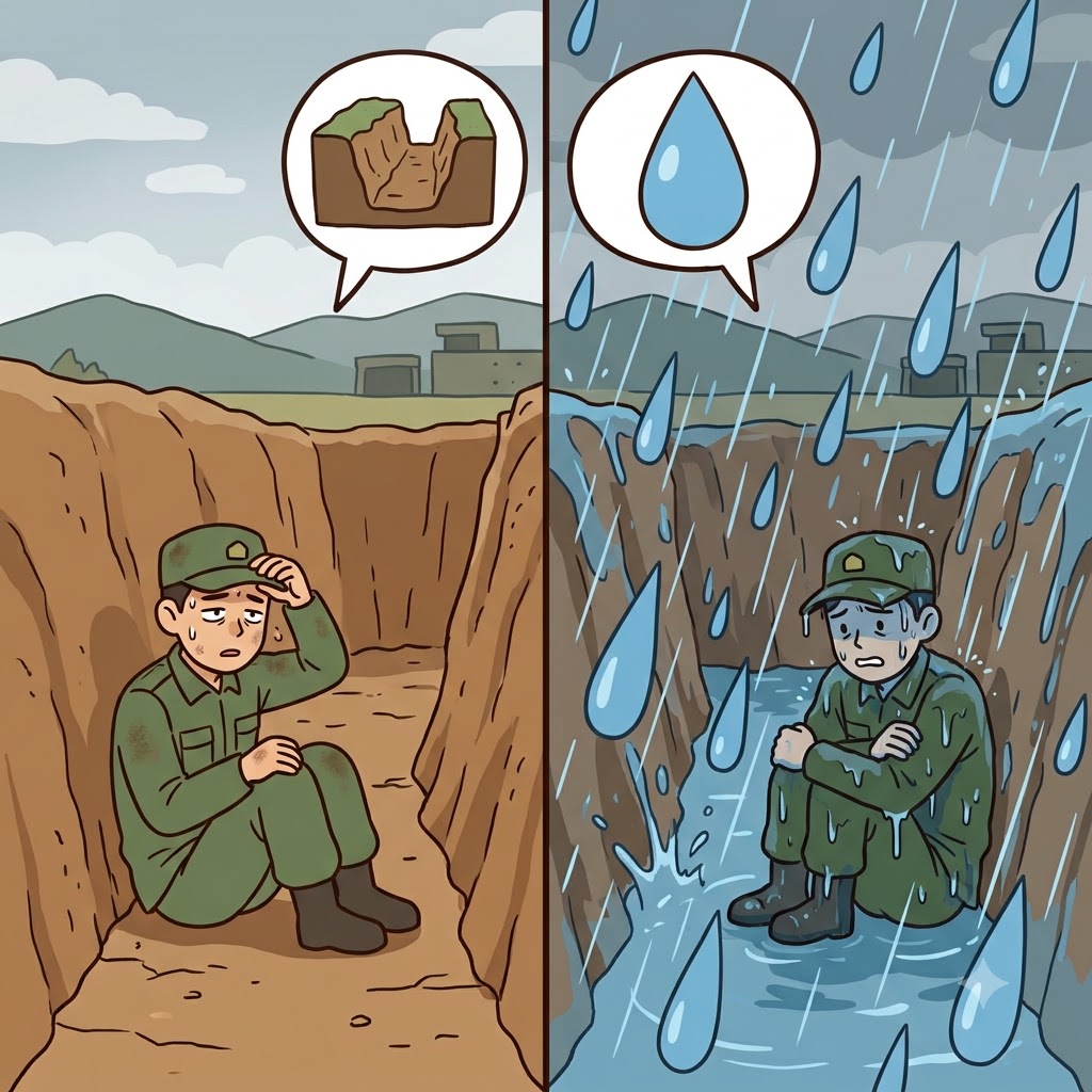 DR(drop) + ENCH(trench) — the massive rain DR(drop) falling into the ENCH(trench) served to heavily drench the soldiers.
