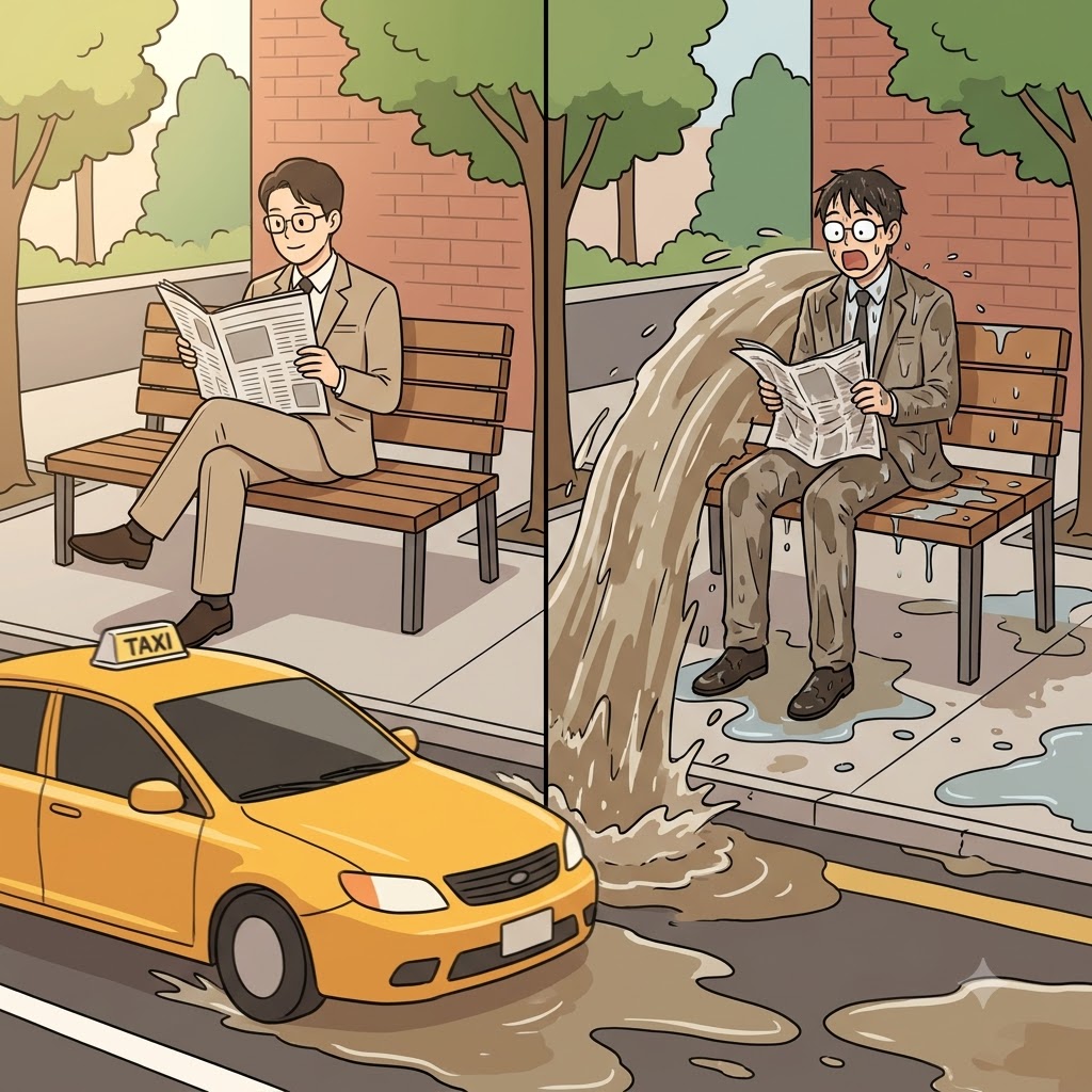 Sitting peacefully on the park bench, the man was shocked when a splashing car managed to drench him.